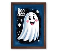Cheerful Halloween Ghost Novelty Framed Wall Art Print A4 (29.7×21cm) Walnut, Wall Decor for Living Room, Bedroom, Office & Home, Ready to Hang, Art Gift