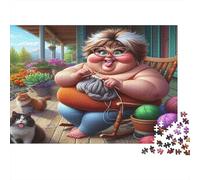 Cheerful Knitting Woman Puzzle 1000 Pieces Recycled Paper for Adults Puzzle for Adults Hard Difficult Challenging Game Fun Home Activity Great Gift Idea for Gift Giving 52x38cm/1000pcs