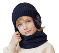 Cheerful Mario 3-8 Years Winter Kids Hat and Scarf Set Boys Beanie Hat With Earmuffs Kids Snood Warm Fleece lined Soft Acrylic Navy