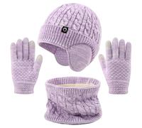 Cheerful Mario 4-10 Years Girls Winter Hat Snood and Gloves Set Kids Beanie Hat with Earmuff Warm Fleece Lining Touchscreen Gloves Purple
