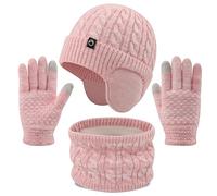 Cheerful Mario 4-10 Years Girls Winter Hat Snood and Gloves Set Kids Beanie Hat with Earmuff Warm Fleece Lining Touchscreen Gloves Pink