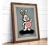 Cheerful Rabbit With Target Retro Framed Wall Art Print A2 (59.4×42cm) Walnut, Wall Decor for Living Room, Bedroom, Office & Home, Ready to Hang, Art Gift