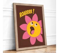 Cheerful Roaring Flower Cartoon Framed Wall Art Print A4 (29.7×21cm) Oak, Wall Decor for Living Room, Bedroom, Office & Home, Ready to Hang, Art Gift