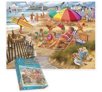 Cheerful Seaside Beach Scene 1000 Piece Jigsaw Puzzle - Fun Summer Family Holiday by the Sea with Sun, Sand, Surfing & Relaxing - Vibrant Coastal for Beach & Ocean Lovers