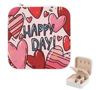 Cheerful Valentine Hearts Girls Jewellery Box, Pu Leather Jewelry Box Travel with Mirror, Trinket Boxes for Trinket Cufflink, Women Travel Accessories, Presents for Teenage Girls, Valentines Day Gift