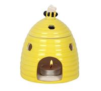 Cheerful Yellow Beehive Oil Burner - 14cm x 11cm (1 Pc.) - Adorable Ceramic Design with Sweet Bee Lid, Honeycomb Cutouts - Compatible with Fragrance Oils and Wax Melts