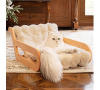 CHEERHOME PETS Elevated Cat Couch Bed for Indoor Cats Fluffy Cat Lounge Chair with Cushion, Raised Cat Sofa Recliner Suitable for Dog, Wooden Cat Furniture(Khaki)