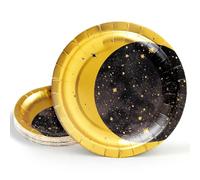 Cheerland Gold Metallic Foil Star and Moon Paper Plates for Galaxy Theme Party Tableware Set Starry Night Outer Space Birthday Party Table Decorations Twinkle Twinkle Little Stars (24, Gold)
