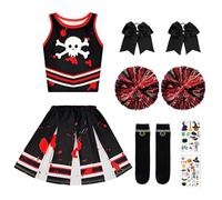 Cheerleader Costume for Girls Boys, 9 Pieces Halloween Costume with Scary Cheerleader Set Hair Bands Cheer Pompoms Socks Tattoos for Cosplay Carnival Halloween Monster High Fancy Dress Costumes