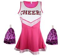 Cheerleader Costume Women Fancy Dress Uniform High School Cheerleader Outfit with Pom Poms Pink, Ladies XXL