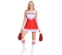 Cheerleader Outfit Fancy Dress Halloween Cheer Pep School College Uni Rally Pom Poms Socks Costume Womens Girls Sports Theme Cosplay Red XL