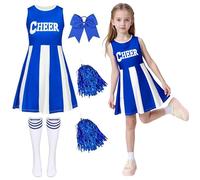 Cheerleader Outfit Girls Dress Cheerleader Costume Kids with Poms Poms Socks Hair Band Cheer Leader Fancy Dress Up Cheerleading Uniform High School Musical Halloween Carnival Party Cosplay Blue 140