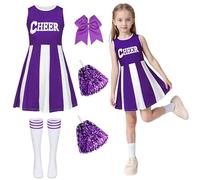 Cheerleader Outfit Girls Dress Cheerleader Costume Kids with Poms Poms Socks Hair Band Cheer Leader Fancy Dress Up Cheerleading Uniform High School Musical Halloween Carnival Party Cosplay Purple 140