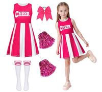 Cheerleader Outfit Girls Dress Cheerleader Costume Kids with Poms Poms Socks Hair Band Cheer Leader Fancy Dress Up Cheerleading Uniform High School Musical Halloween Carnival Party Cosplay Rose 160