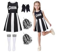 Cheerleader Outfit Girls Dress Cheerleader Costume Kids with Poms Poms Socks Hair Band Cheer Leader Fancy Dress Up Cheerleading Uniform High School Musical Halloween Carnival Party Cosplay Black 150