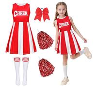 Cheerleader Outfit Girls Dress Cheerleader Costume Kids with Poms Poms Socks Hair Band Cheer Leader Fancy Dress Up Cheerleading Uniform High School Musical Halloween Carnival Party Cosplay Red 170