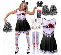 Cheerleader Outfit Women, Bloody Zombie Cheerleader Halloween Costume, Dead Cheer-leader with Cheer-leader Pom Poms Hairband Socks Scars Tatoo Fake Blood, One-Set pack halloween costumes adult women