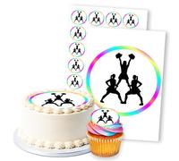 Cheerleader Pyramid Rainbow Border, 1 Round 8" & 24 2" Edible Toppers Set