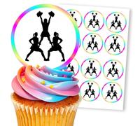 Cheerleader Pyramid Rainbow Border, 12 Edible Paper 2.5" Cupcake Toppers
