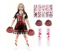 Cheerleader Zombie Costume for Kids - Scary Dead Cheerleader Costume Kids with Pom Poms/Bloody Socks/Horror Tattoo Stickers, Creepy Halloween Outfit for Girls Cosplay/Halloween Parties-120