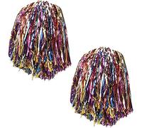 Cheerleading Pom Poms for Kids Adults, Shiny Colorful Rainbow Cheerleader Pom Poms with Handle/Ring Hole, 2PCS Fluffy Cheer Squad Spirited Pompoms for Party Dance Sports(Color:A2 with Ring(100g))