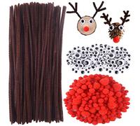 Cheeroyal 300pcs Christmas Reindeer DIY Craft Set, Brown Pipe Cleaners Chenille Stems Fluffy Red Pom Poms and Googly Eyes Pack Christmas Rudolph Making Set (100+100+100pcs)