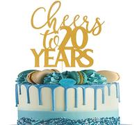 Cheers 20 To Years Cake Topper - Gold Glitter Happy 20 Birthday Cake Toppers, 20 Years Wedding Anniversary Party Decorations, Single-Side Gold Glitter Twenty Birthday Cake Decorations Supplies (gold)