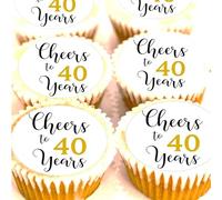 Cheers To 40 Years Cupcake Toppers - PRE CUT - Edible 40th Birthday Anniversary Party Cake Decorations - 4cm x 24 (Edible Icing)