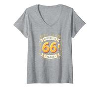 Cheers to 66 Years Birthday Gift Celebration Artwork V-Neck T-Shirt, Women, Heather Grey, M