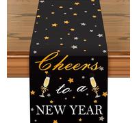 Cheers to New Year Table Runner, 2025 New Year Table Runner Black Gold Stars Cheers New Year Decorations for Table, Winter Table Runner Happy New Year Party Decorations for Kitchen Dining Table Decor