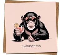 Cheers To You Funny Monkey Greeting Card - Cocktail Chimp Design, Blank Inside - 145mm x 145mm - Includes Kraft Envelope - Birthday, Congrats, Celebration Card