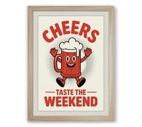 Cheers Weekend Retro Framed Wall Art Print A3 (42×29.7cm) Oak, Wall Decor for Living Room, Bedroom, Office & Home, Ready to Hang, Art Gift