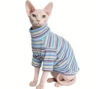 CHEERTAILS Turtleneck Vintage Wide Stripes Sphynx Cats Clothes Hairless Cats T-Shirt Cotton Blend Kitten Sweater Shirts with Sleeves, Pet Pajamas for Cornish Rex Devon Rex Peterbald,Dustyblue,XL
