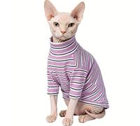 CHEERTAILS Turtleneck Vintage Wide Stripes Sphynx Cats Clothes Hairless Cats T-Shirt Cotton Blend Kitten Sweater Shirts with Sleeves, Pet Pajamas for Cornish Rex Devon Rex Peterbald,Purple,XL