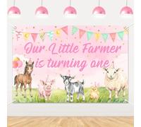 Cheerupp 3 x 5 Ft Pink Farm Animals 1st Birthday Backdrop, Our Little Farmer is Turning One Banner, Barnyard Animal Theme Photo Background for One Year Old Farm Birthday Party Decoration Supplies