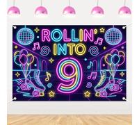 Cheerupp 3 x 5 Ft Roller Skate Birthday Backdrop, Neon Skating Rolling Into 9 Birthday Banner Backdrop for 9 Years Old Bday Decorations, Photography Background for Roller Skating Party Decorations