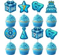 Cheerupp 36 Pcs I Was 6 Now I'm 7 Cupcake Toppers, Blue Pixel-Style Cupcake Insert Decoration, Arcade Gamer Theme Cupcake Picks for 7th Birthday Party Supplies