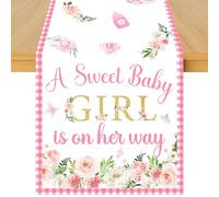 Cheerupp A Sweet Baby Girl Is On Her Way Table Runner, Pink Linen Welcome Baby Girl Table Cover for Baby Shower Home Kitchen Dining Table Decoration 33x183 cm