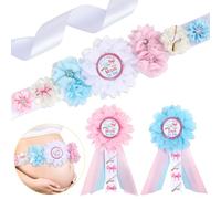 Cheerupp Baseball or Bows Baby Shower Maternity Sash Kit - Baseball Theme Gender Reveal Party Belly Belt and Mom to Be & Dad to Be Corsage Pins, New Parents Pregnancy Photo Props Party Supplies