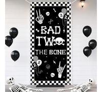 Cheerupp Black Bad Two The Bone Door Cover Decoration for Him, Rock and Roll Theme 2nd Birthday Door Banner Porch Sign Photography Background for Indoor Outdoor Party Supplies