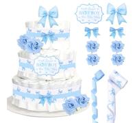 Cheerupp Blue Bow Theme Diaper Cake Decorations for Baby Shower Party, Bowknot Print Ribbon Cards Artificial Flowers Blue Bows Decor, A Sweet Baby Boy is on The Way Baby Shower Favors
