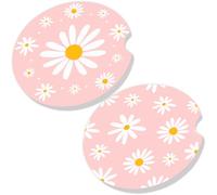 Cheerupp Daisy Absorbent Car Coaster for Cup Holder, 2 Pack Pink Groovy Ceramic Stone Removable Car Coasters Anti-slip with Fingertip Grip, Auto Accessories Interior Decorations Supplies