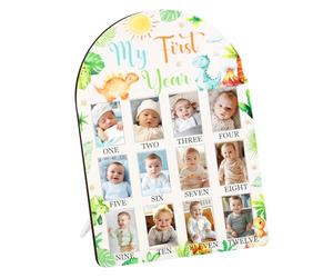 Cheerupp Dinosaur Themed My First Year Photo Frame Wood Board, Baby's First Year Picture Frame Neutral, Newborn 12 Months Milestone Photo Display for Jungle Animals 1st Birthday Nursery Keepsake Gift