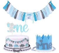 Cheerupp Elephant 1st Birthday Decorations for Boys, Elephant High Chair Banner Cake Topper and Birthday Hat Crown for Little Peanut Animal Themed First Bday Party Supplies