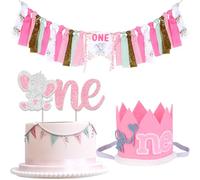 Cheerupp Elephant 1st Birthday Decorations for Girls, Elephant High Chair Banner Cake Topper and Birthday Hat Crown for Little Peanut Animal Themed First Bday Party Supplies