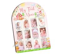 Cheerupp Farm Animal Themed My First Year Photo Frame, Pink Baby's First Year Picture Frame, Newborn 12 Months Baby Milestone Picture Memories Display Wood Board for 1st Birthday Decor Keepsake Gift