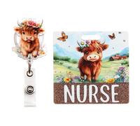 Cheerupp Highland Cow Glitter Badge Buddy Card Holder and Badge Reel with Swivel Alligator Clip for Nurse, Holy Cow Flower Nursing Acrylic Identity ID Badge Protector ID Card Holder Accessories