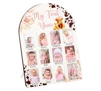 Cheerupp Highland Cow Themed My First Year Photo Frame, Baby One First Year Picture Frame, Newborn 12 Months Baby Milestone Memories Display Wood Board for 1st Birthday Decor Keepsake Gift Pink