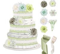 Cheerupp Pea Green Floral Theme Diaper Cake Decorations for Baby Shower Party, White Lace Ivory Cream Sage Green Ribbons Artificial Flowers Floral Stems Decor for Baby Shower Birthday Party Supplies