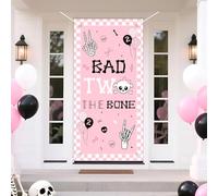 Cheerupp Pink Bad Two The Bone Door Cover Decoration for Her, Rock and Roll Theme 2nd Birthday Door Banner Porch Sign Photography Background for Indoor Outdoor Party Supplies
